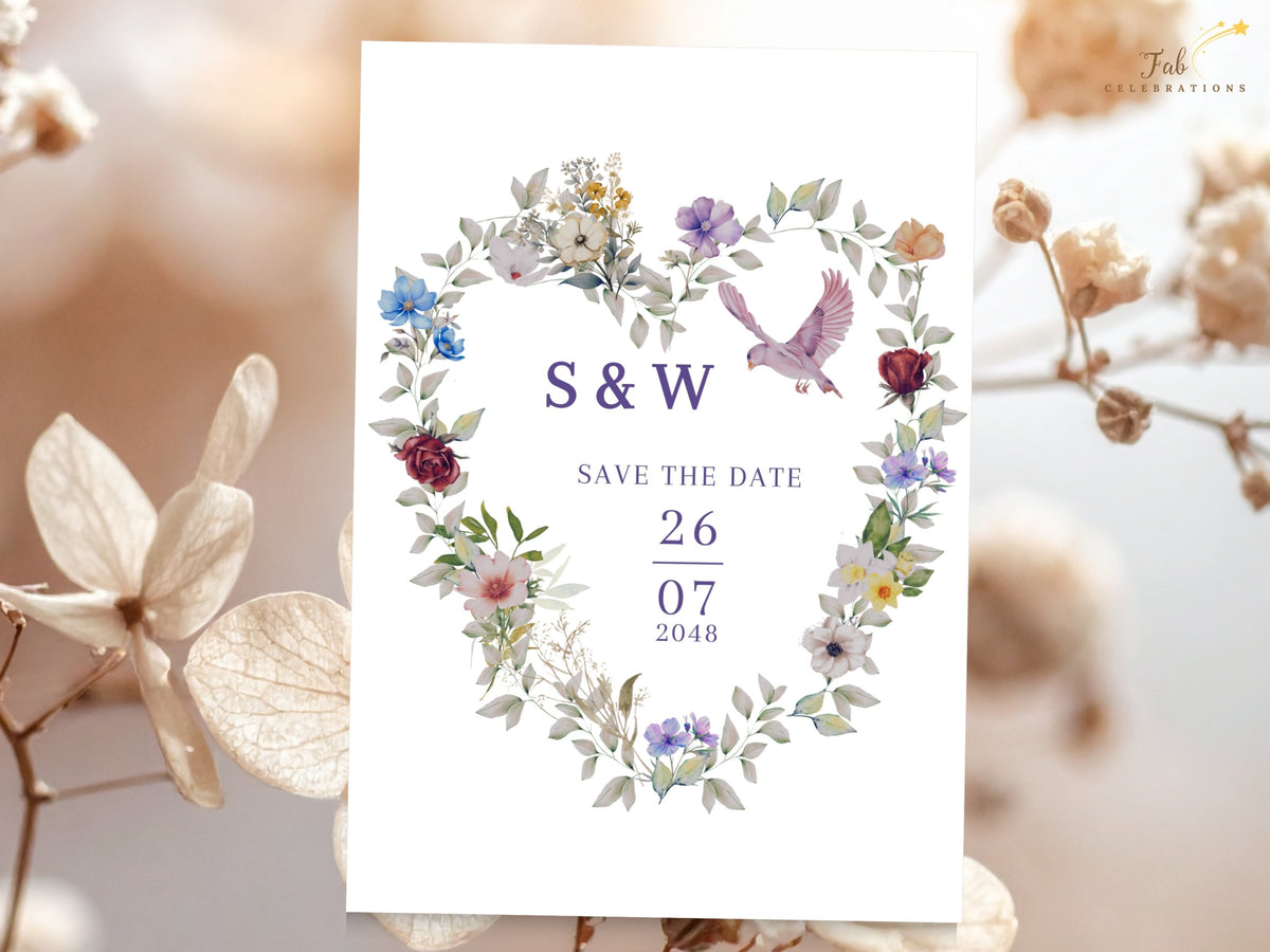 Romantic announcement card with a watercolor-inspired heart of lilac, ivory and blue flowers, delicate leaves and a pink dove, designed for personalizing the couple's initials and wedding date.