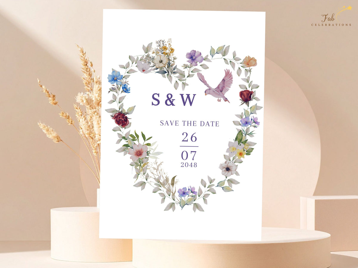 Romantic save the date card featuring a watercolor-inspired heart of wildflowers, pastel purple petals, blue blossoms and a pink dove, framing the couple's initials and celebration date.