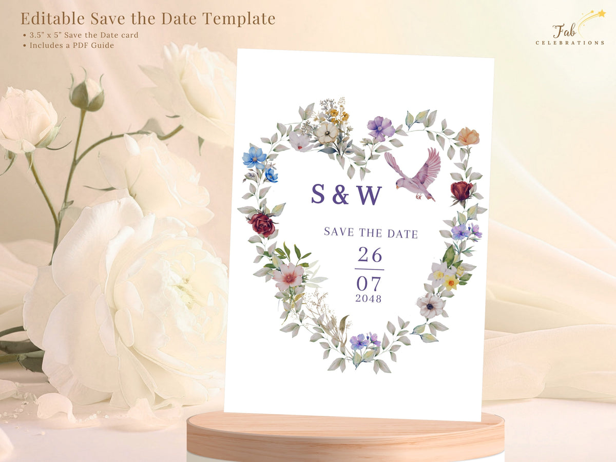 Editable save the date card featuring a watercolor-inspired floral heart and pink dove, with space for the couple's initials and wedding date in a graceful, romantic botanical arrangement.