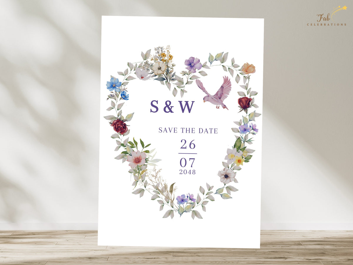 Editable purple floral save the date card with a watercolor-inspired heart wreath, delicate blue and lilac blossoms and a pink dove, framing personalized initials and the wedding date.