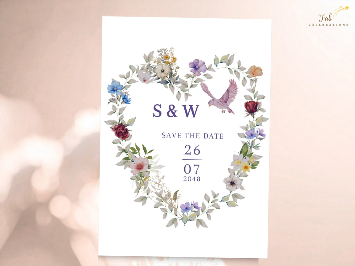 Personalized wedding announcement with watercolor-inspired purple and blue flowers arranged in a heart, a soft pink dove and elegant centered text for initials and the upcoming wedding date.