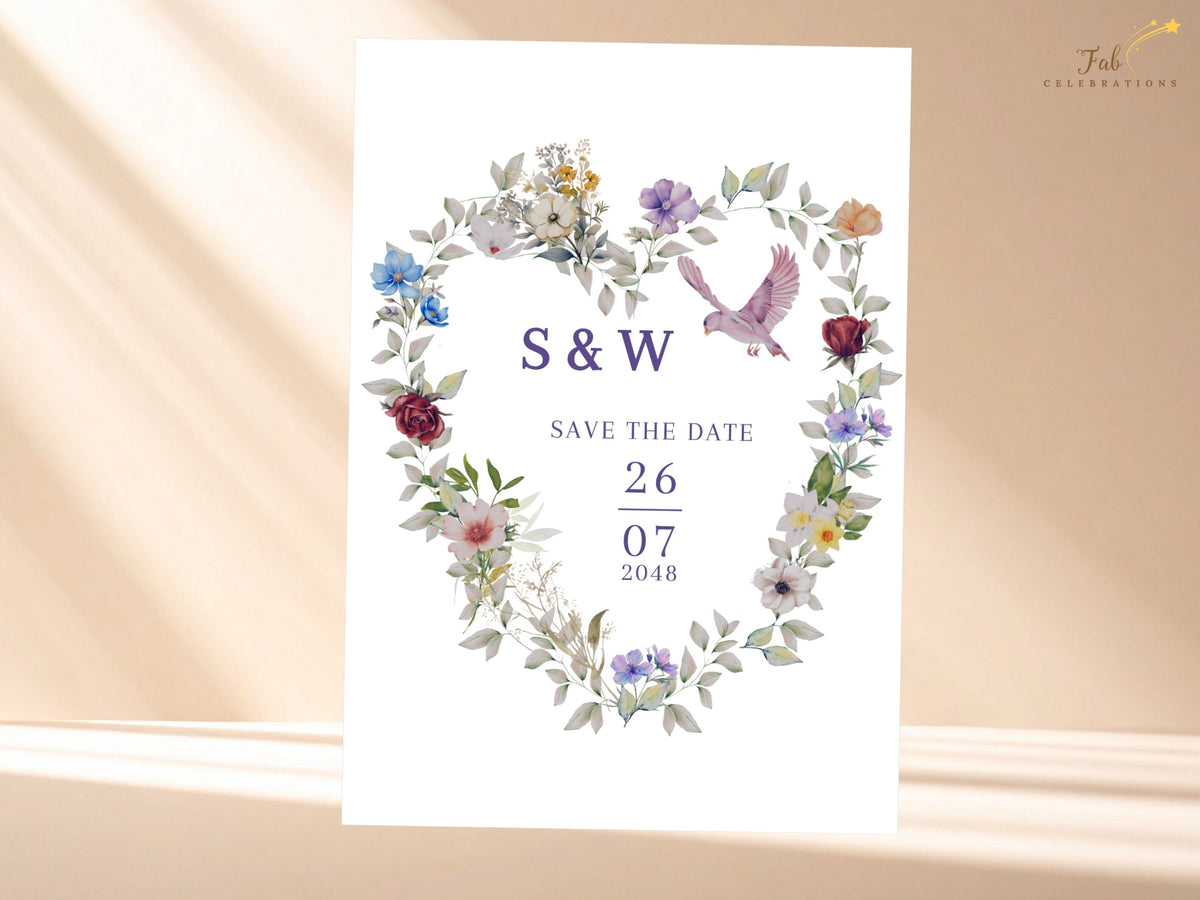 Wedding save the date template featuring a watercolor-inspired floral heart with purple blossoms, pale blue flowers and a pink dove, plus editable initials and a centered celebration date.