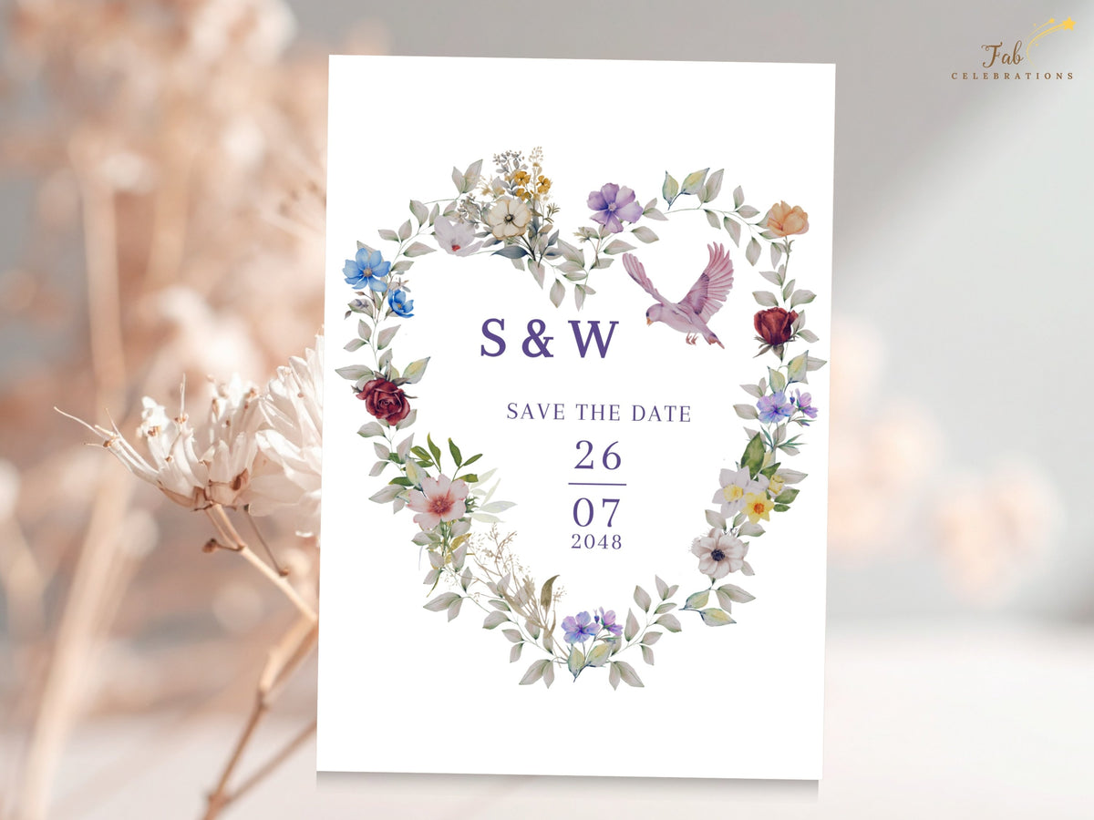Purple floral save the date design with a watercolor-inspired heart wreath, soft blue and blush blossoms, green leaves and a pink dove, surrounding personalized initials and a wedding date.