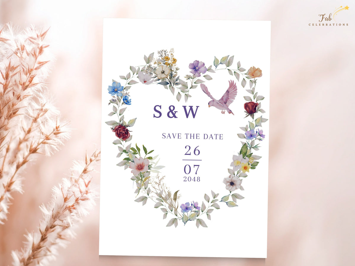 Floral wedding date announcement showcasing a watercolor-inspired heart wreath of purple, blue and blush blossoms, airy greenery and a pink dove above the customizable date and initials.