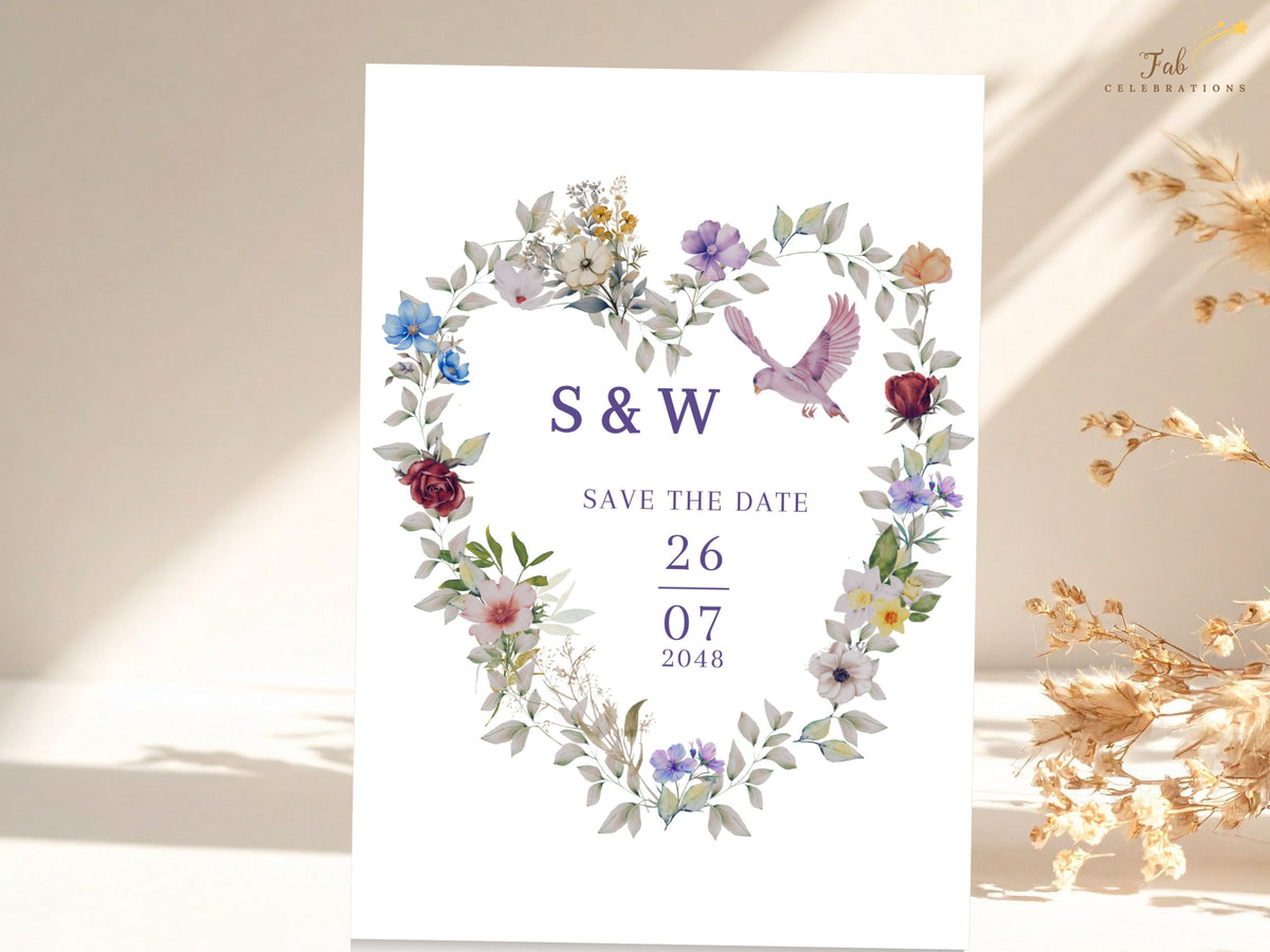 Botanical save the date featuring a watercolor-inspired floral heart in soft purple, pink and blue, with delicate greenery and a pink dove around the couple's initials and wedding date.