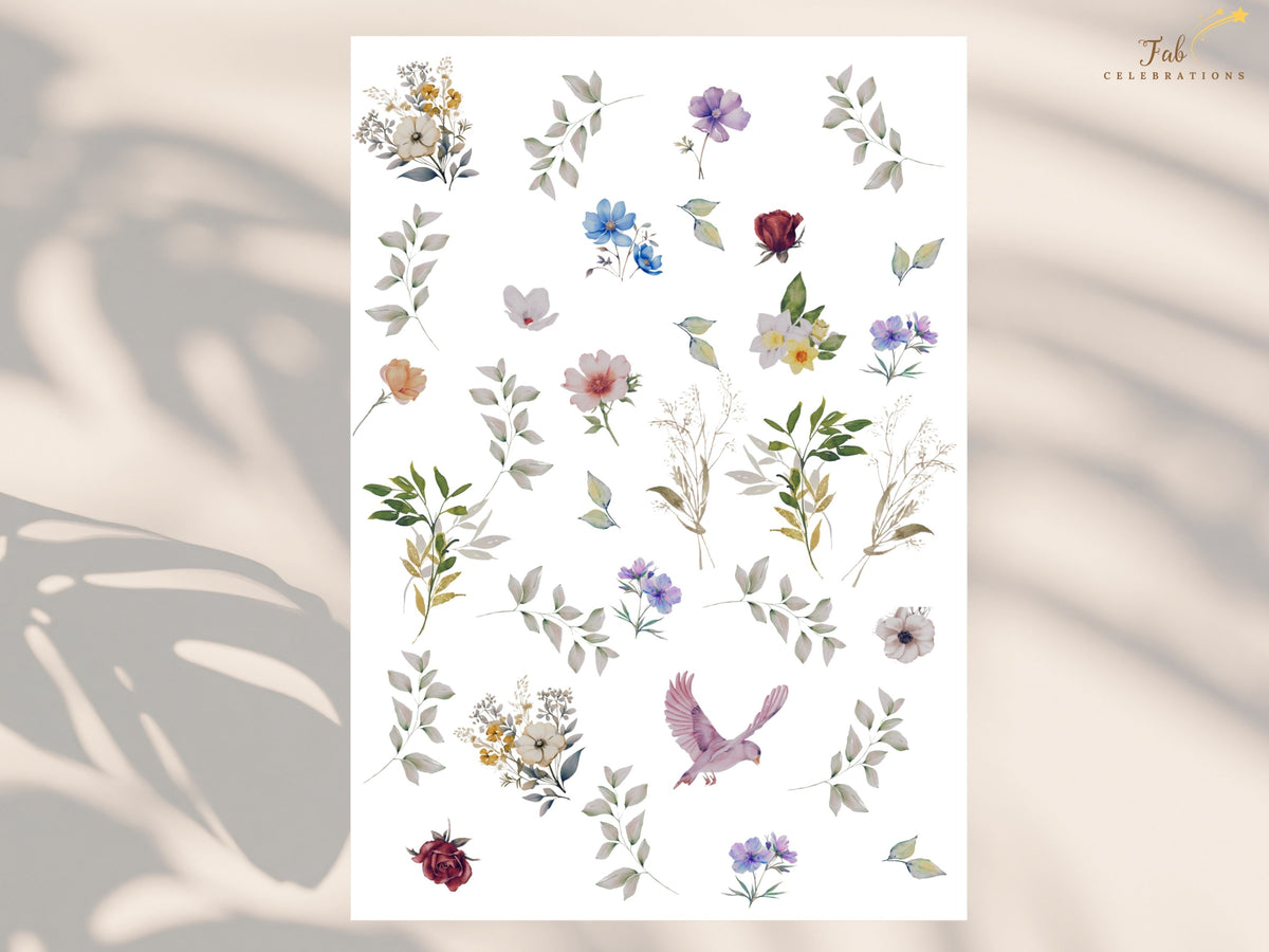 Botanical artwork sheet showing the watercolor-inspired flowers, delicate greenery and pink dove used throughout the matching wedding collection, with purple, blue, ivory and warm floral accents.