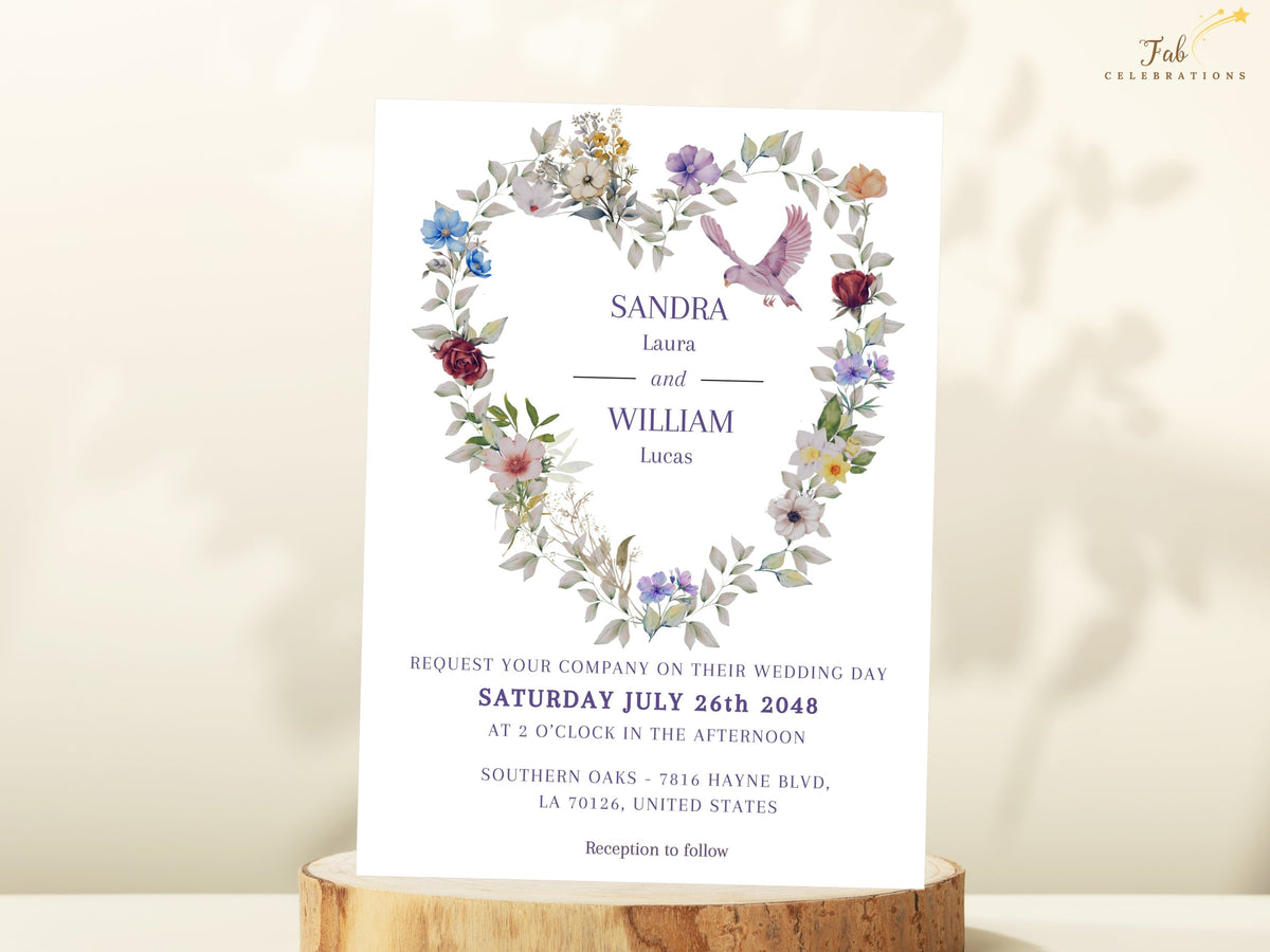 Purple floral wedding invitation front showcasing colorful botanical flowers arranged around a romantic heart motif, with a delicate dove and elegant editable Canva typography, editable in canva.