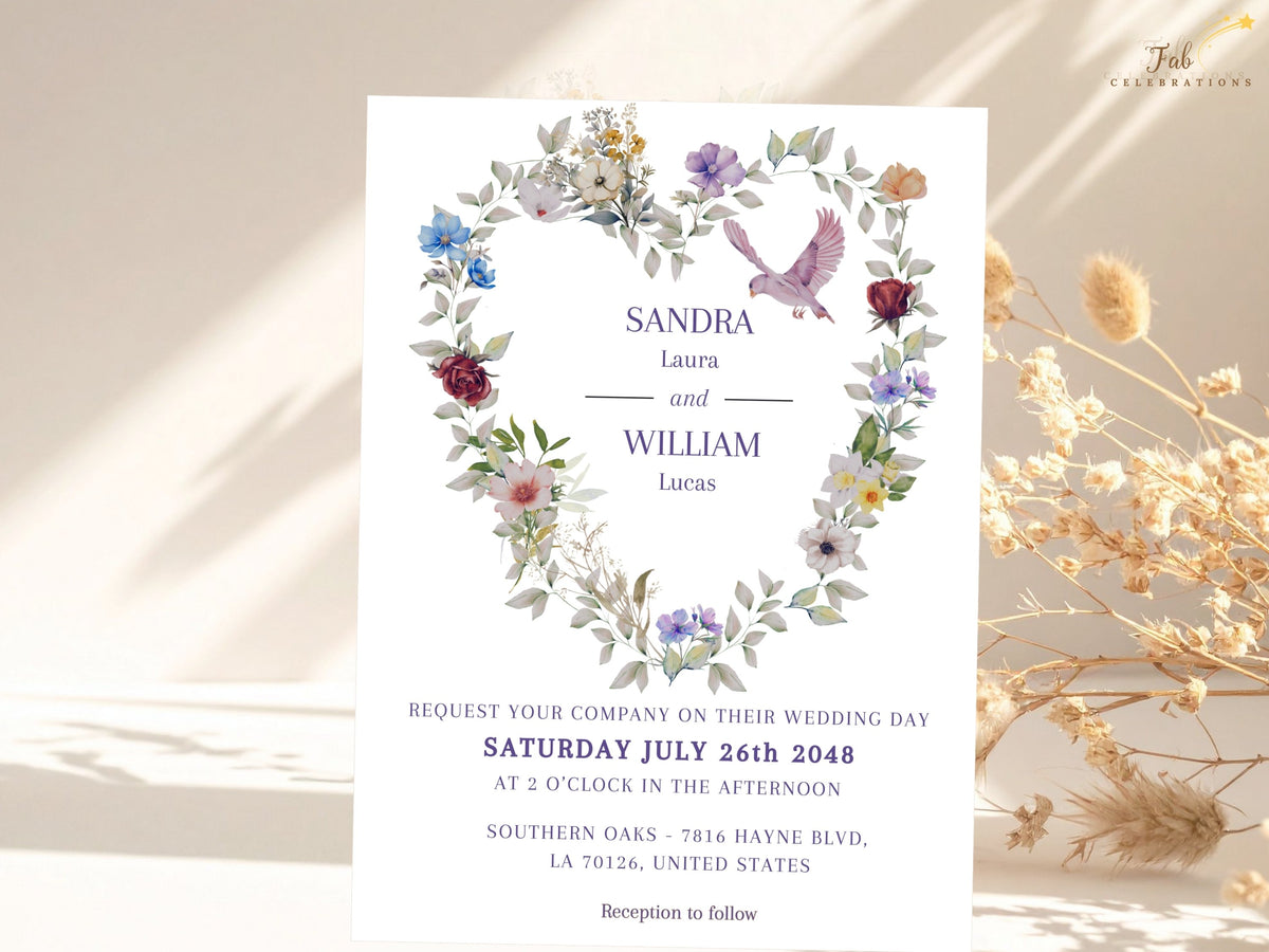 Purple floral wedding invitation front featuring a delicate dove and a heart of richly colored flowers, with elegant lettering and a coordinated botanical design for romantic weddings.