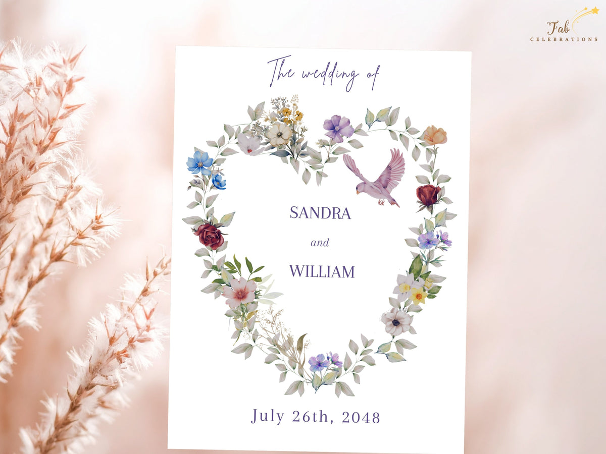 Text back of the purple floral wedding invitation, providing an editable layout for wedding information and a coordinated floral design that complements the romantic invitation front.