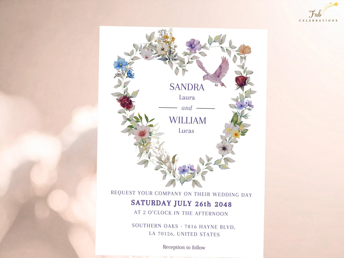 Elegant front of the purple floral wedding invitation with romantic flower illustrations, a delicate dove and a heart-shaped arrangement, created for editable wedding stationery in Canva.