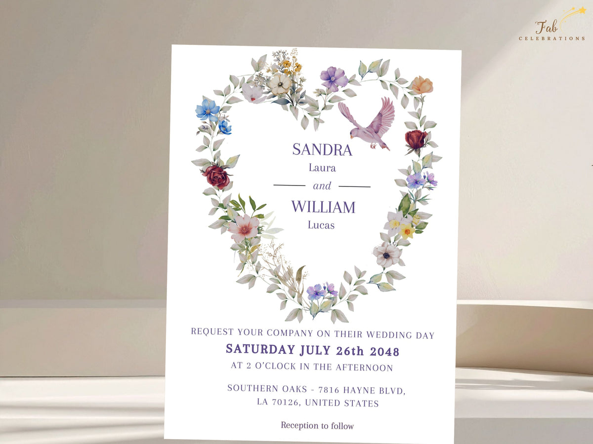 Purple floral wedding invitation front with a colorful heart-shaped floral illustration and dove, designed as a printable editable Canva template for romantic and garden-inspired celebrations.