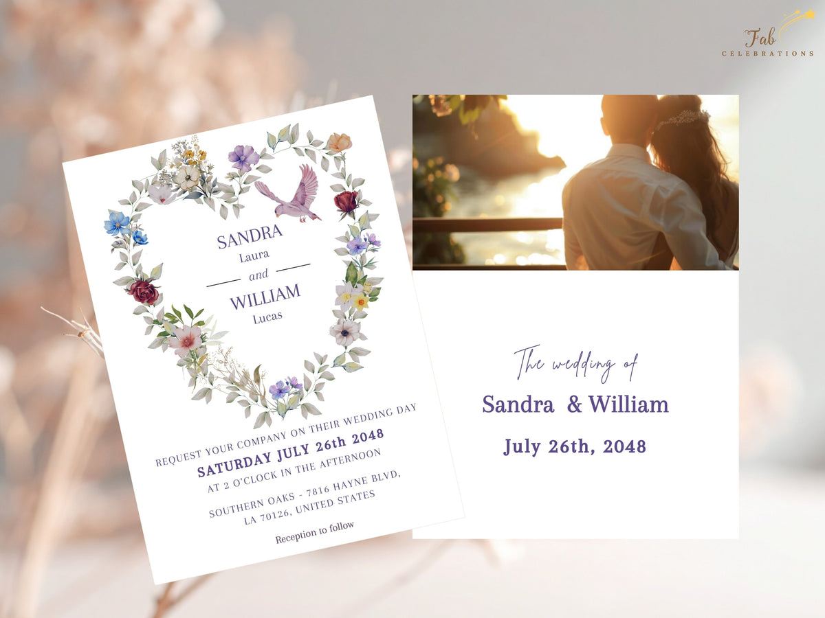 Purple floral wedding invitation front paired with its alternate back featuring a replaceable photo area to add your own photo, surrounded by watercolor-inspired floral details, editable in canva.