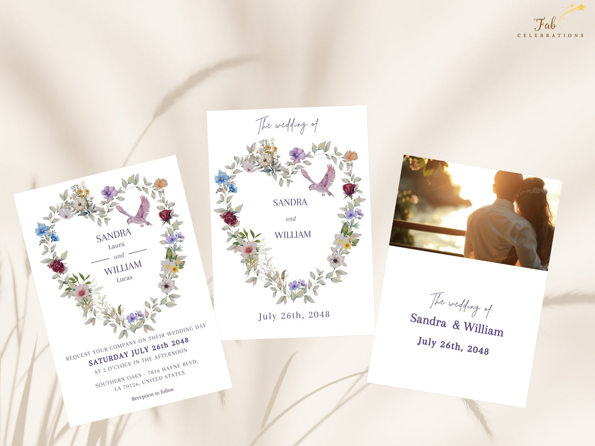 Overview of the purple floral wedding invitation front and its two coordinating backs, including an editable text layout and a replaceable photo area for adding your own photo, editable in canva.