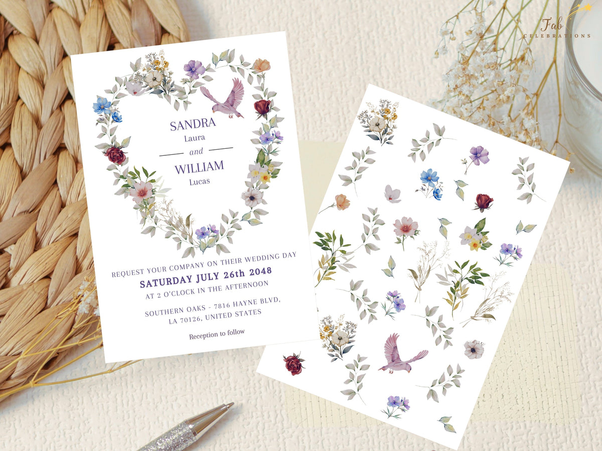 Purple floral wedding invitation front displayed alongside the botanical flower artwork used to create its romantic heart and dove design, showing the collection’s coordinating floral elements.