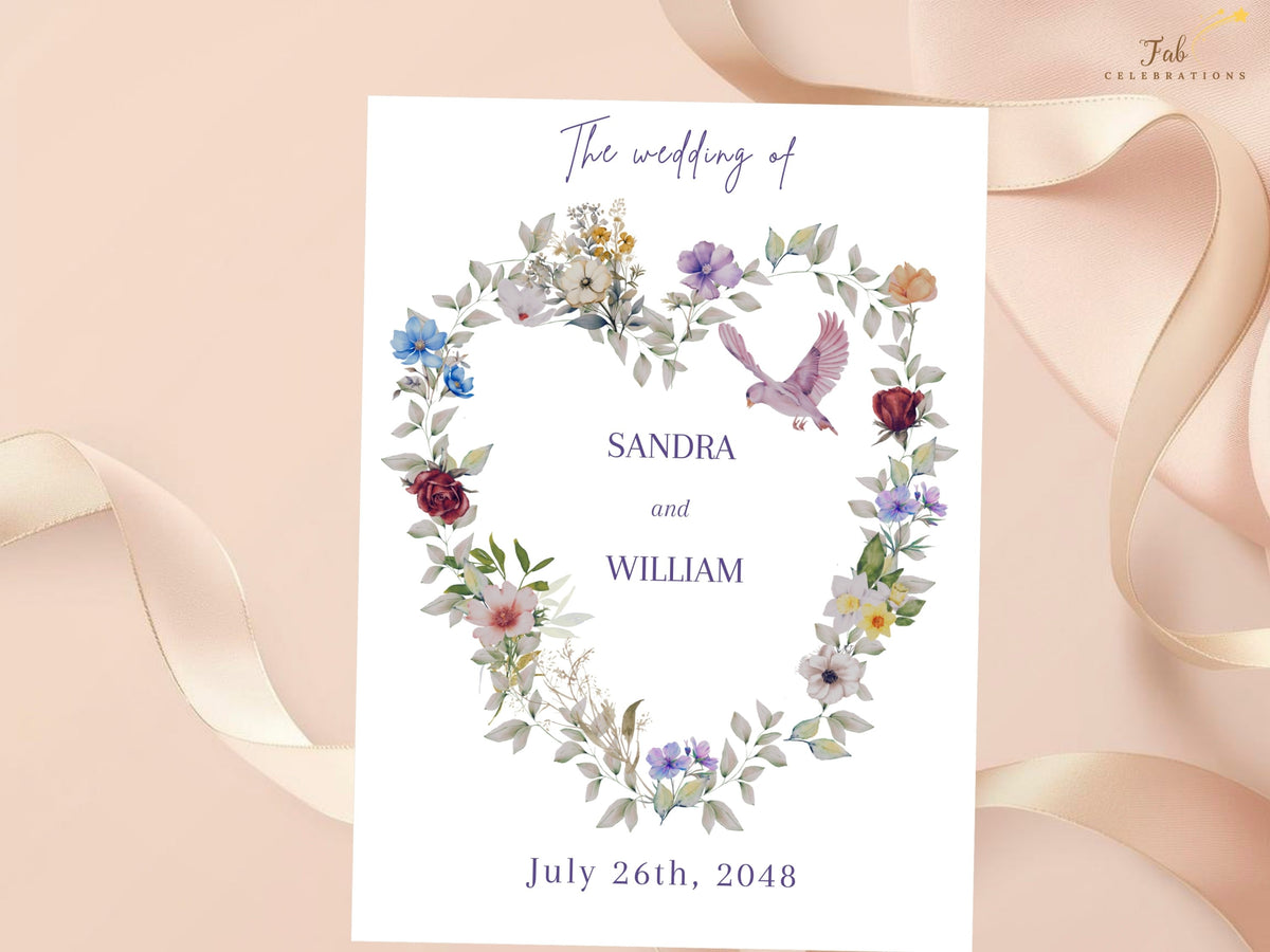 Purple floral wedding invitation front with a charming dove beside a heart of colorful flowers, combining delicate botanical artwork and romantic typography in an editable Canva design.
