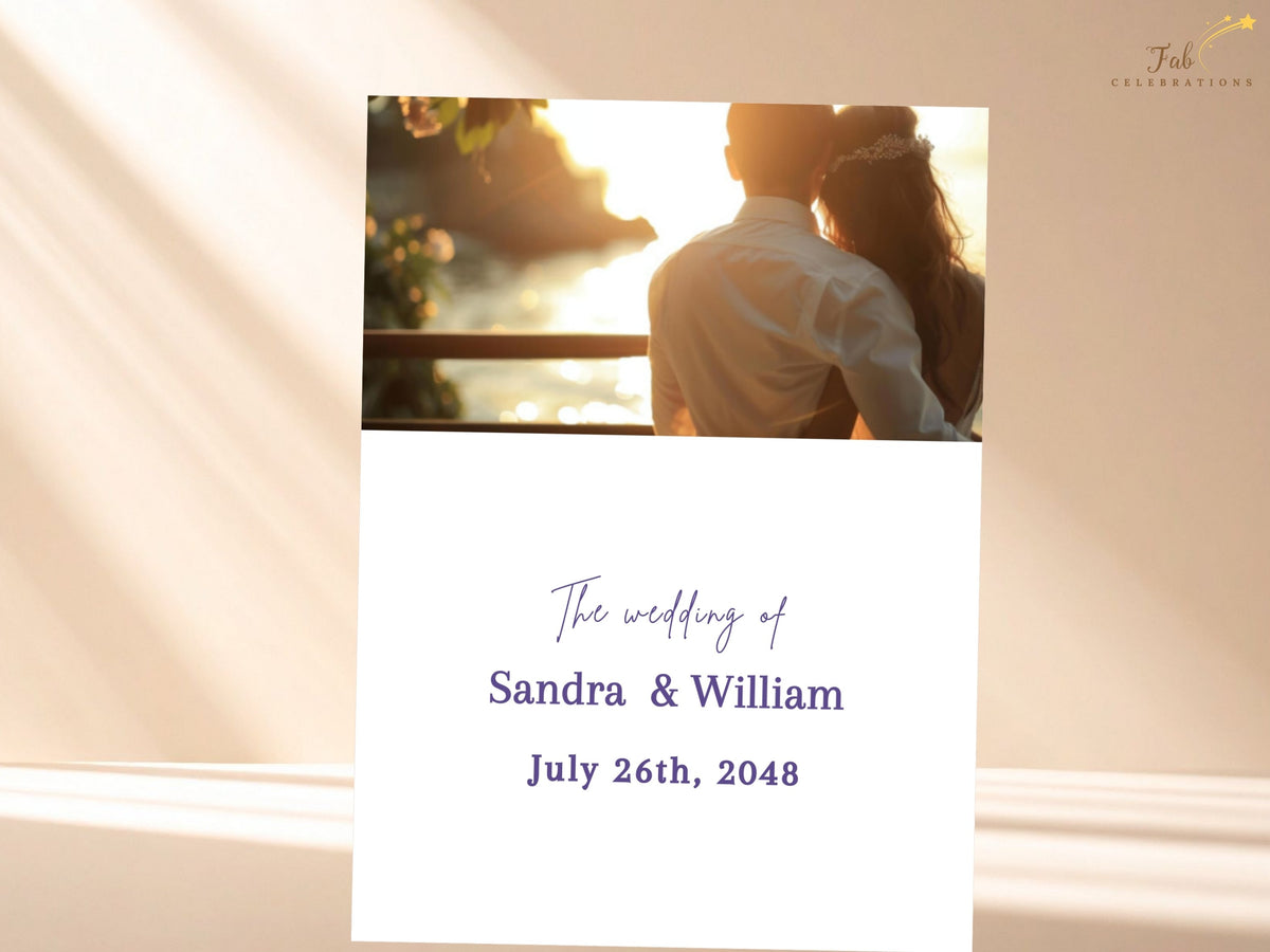 Alternate back of the purple floral wedding invitation featuring a replaceable photo area where couples can add their own photo, with matching floral artwork and editable Canva elements.