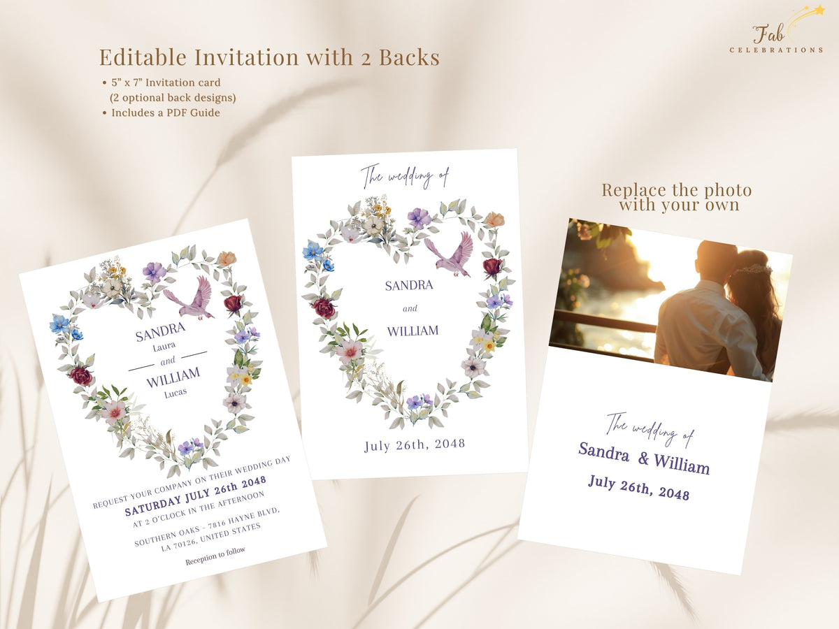 Purple floral wedding invitation shown with both editable backs: one for wedding details and another with a replaceable photo area to add your own photo, in a watercolor-inspired design.