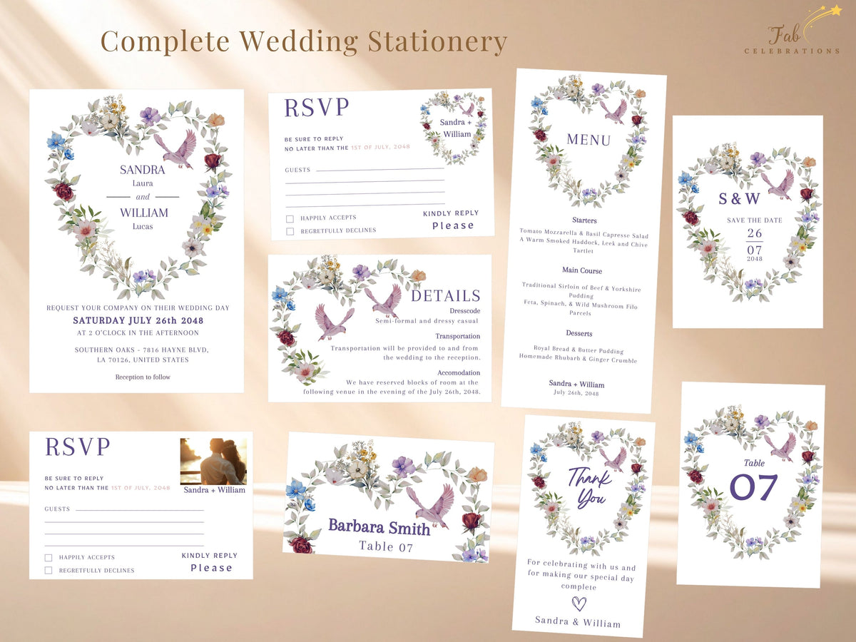 Overview of eleven matching wedding stationery templates featuring watercolor-inspired floral hearts, coordinating purple and blue blooms, doves and reception cards. Editable in Canva.