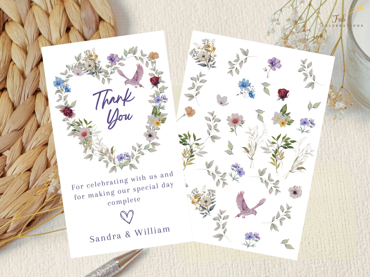 Wedding thank you card shown alongside its matching floral reverse, featuring watercolor-inspired botanical flowers, a pink dove, purple lettering and a customizable appreciation message for guests.