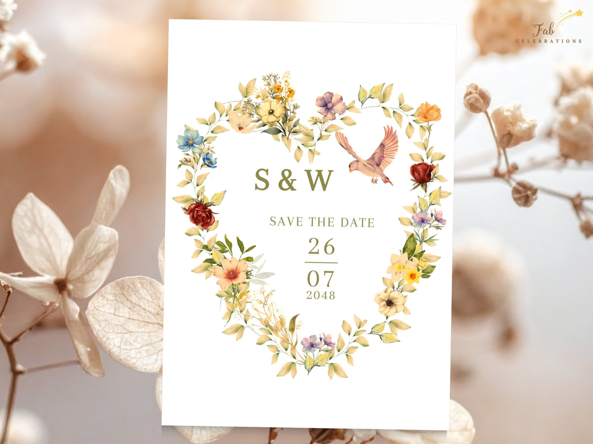 Romantic dove Save the Date Card with a floral heart made from delicate blossoms, warm seasonal colors, and customizable wedding date details in a printable and editable Canva template.