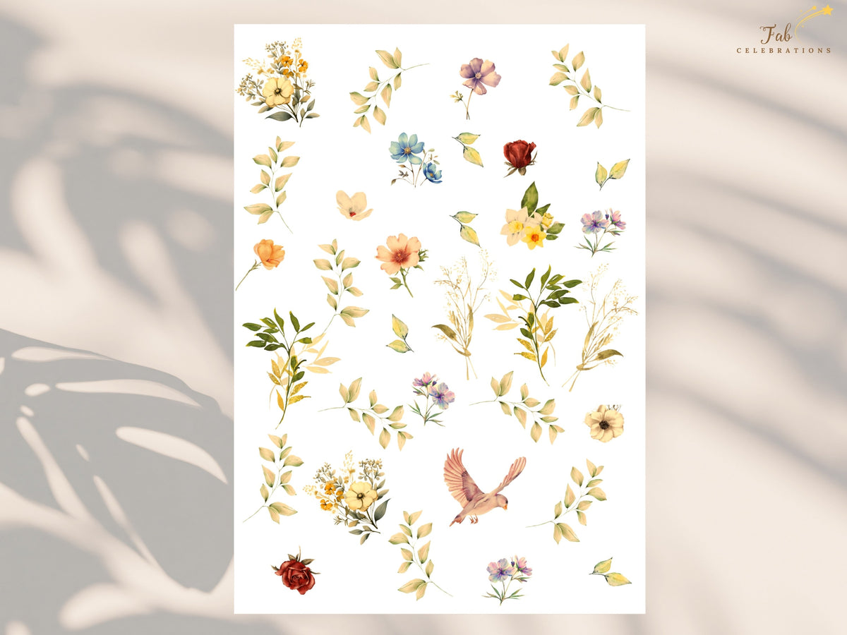 Botanical artwork sheet featuring individual watercolor-inspired flowers, leafy stems, and delicate doves used to create the Romantic Dove Wedding Collection and its floral heart design.