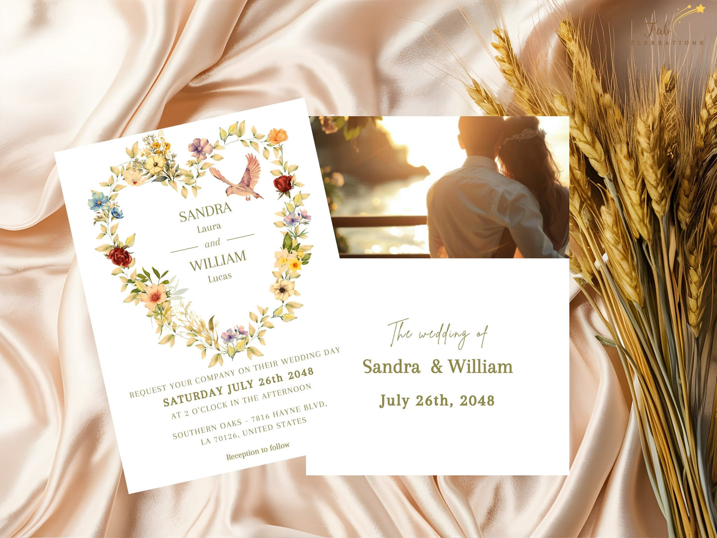 Romantic wedding invitation template designed in Canva with a delicate floral heart, graceful dove and elegant typography for refined printable wedding stationery.