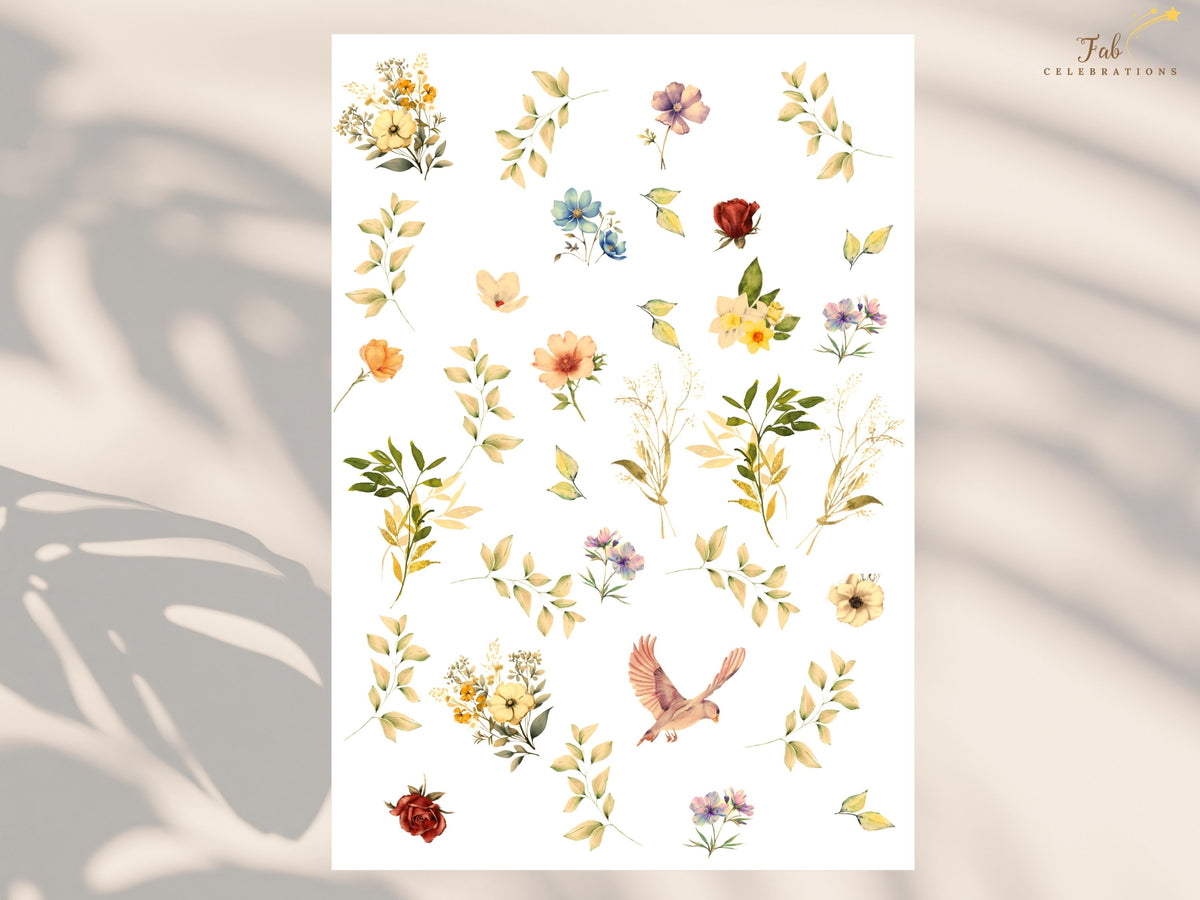 Botanical artwork sheet featuring individual watercolor-inspired flowers, foliage, and doves in golden yellow, blush pink, ivory, and sage tones used throughout the matching wedding collection.