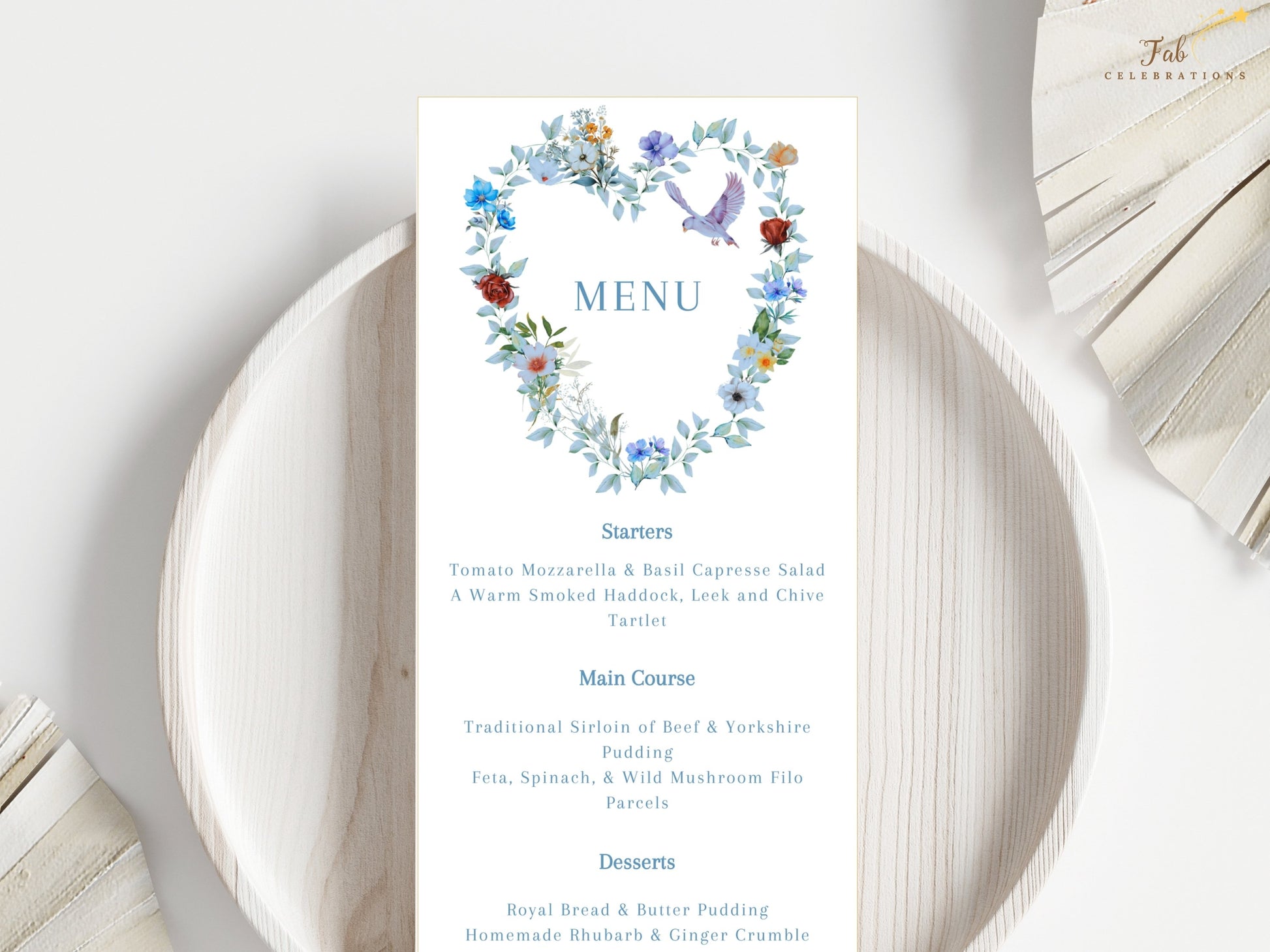 Blue floral wedding stationery suite with matching invitation cards, RSVP templates and reception essentials designed for a seamless and beautifully unified wedding theme.