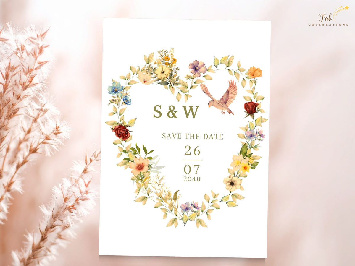 Romantic wedding date announcement with a floral heart, delicate greenery, and paired doves surrounding editable initials and wedding date in a watercolor-inspired stationery design.