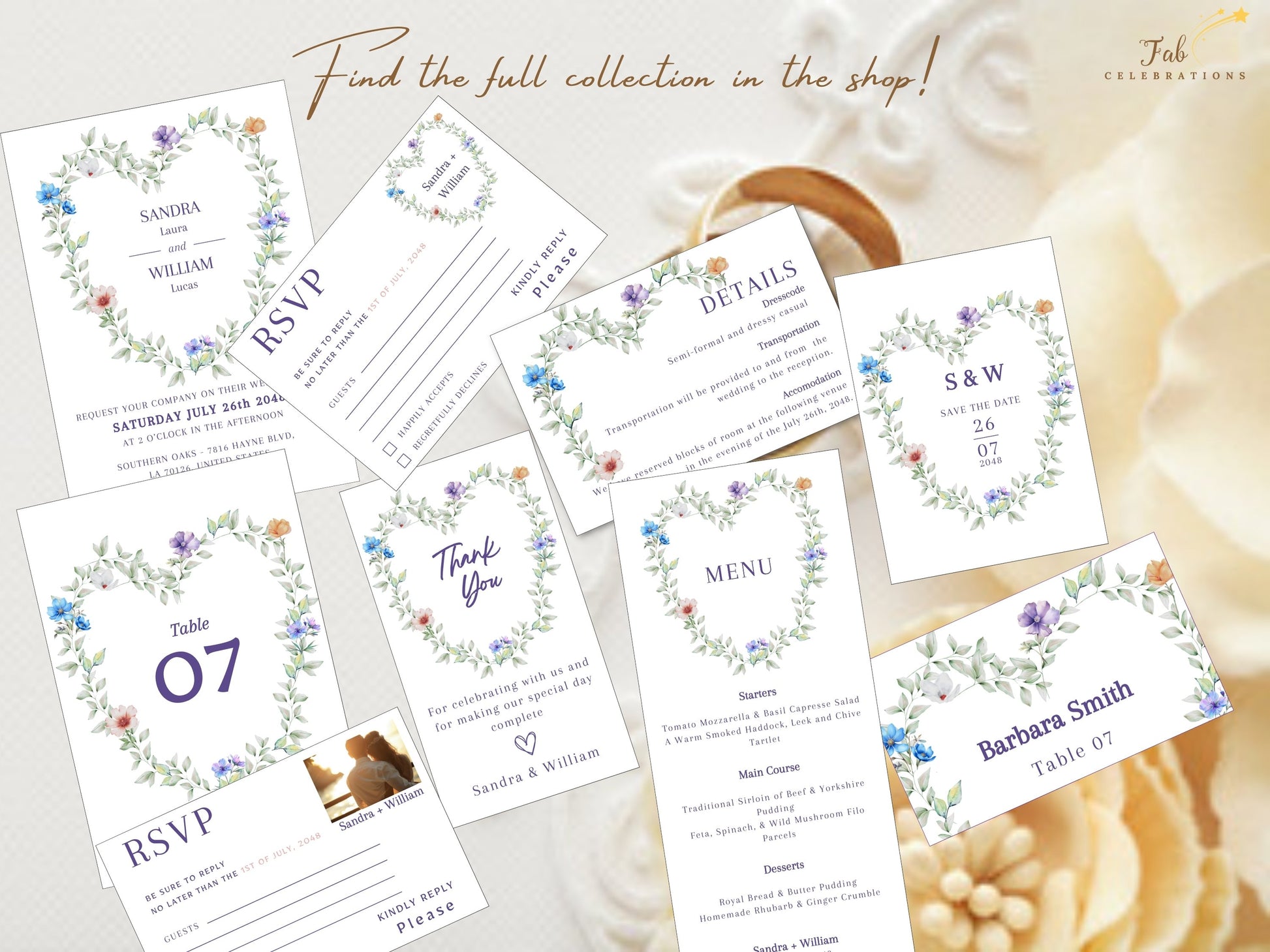 Editable Canva wedding invitation suite displayed in a romantic flat lay arrangement with coordinated floral stationery and soft garden-inspired colors