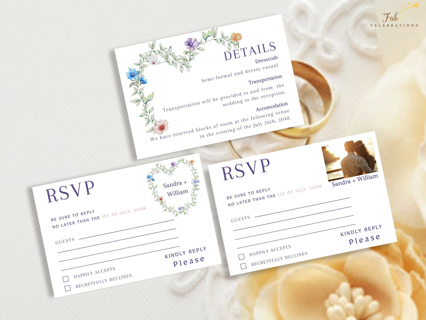 Close-up view of floral heart wedding invitation template featuring delicate watercolor-inspired flowers, lush greenery, and romantic wedding typography
