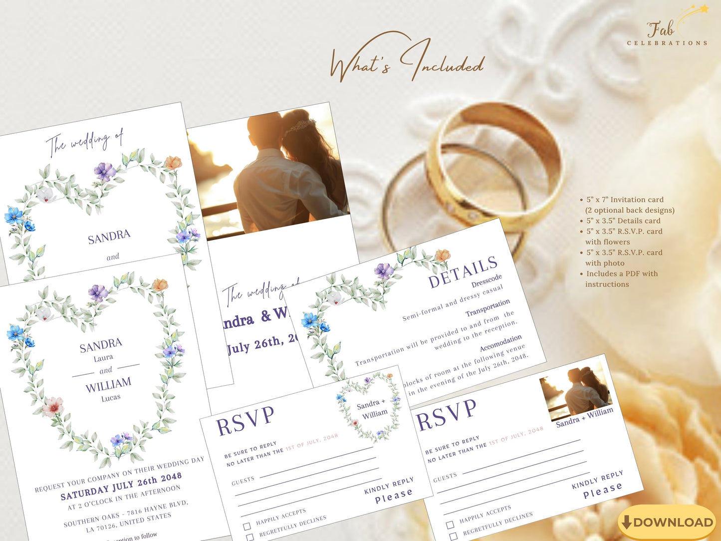 Romantic Heart Wedding Suite Canva template featuring a floral heart-shaped wreath invitation design with soft purple, blue, and botanical accents for elegant garden weddings