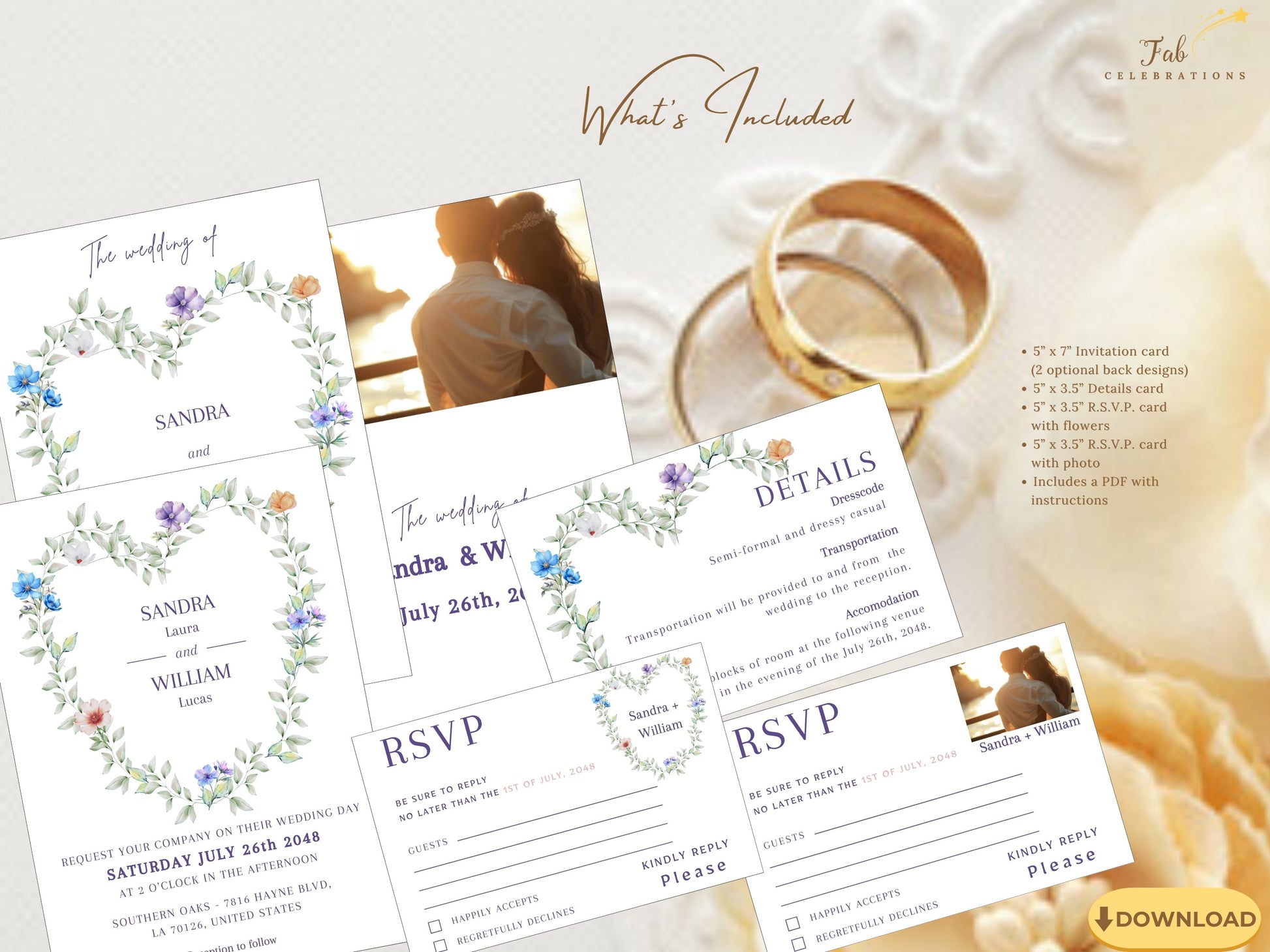 Romantic Heart Wedding Suite Canva template featuring a floral heart-shaped wreath invitation design with soft purple, blue, and botanical accents for elegant garden weddings