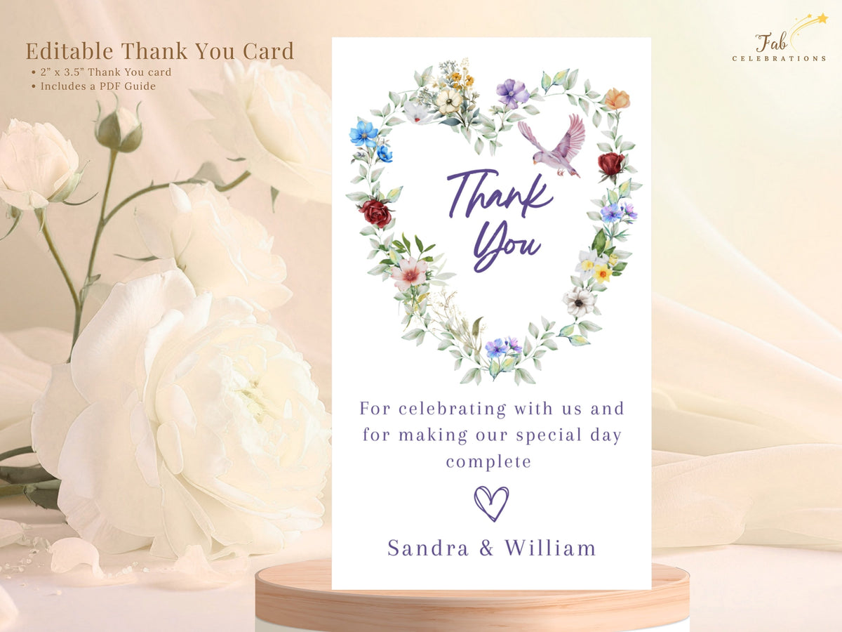 Romantic Poetry Wedding Invitations editable thank you card featuring a watercolor-inspired floral heart, delicate greenery and a dove above a heartfelt message and the couple's names.