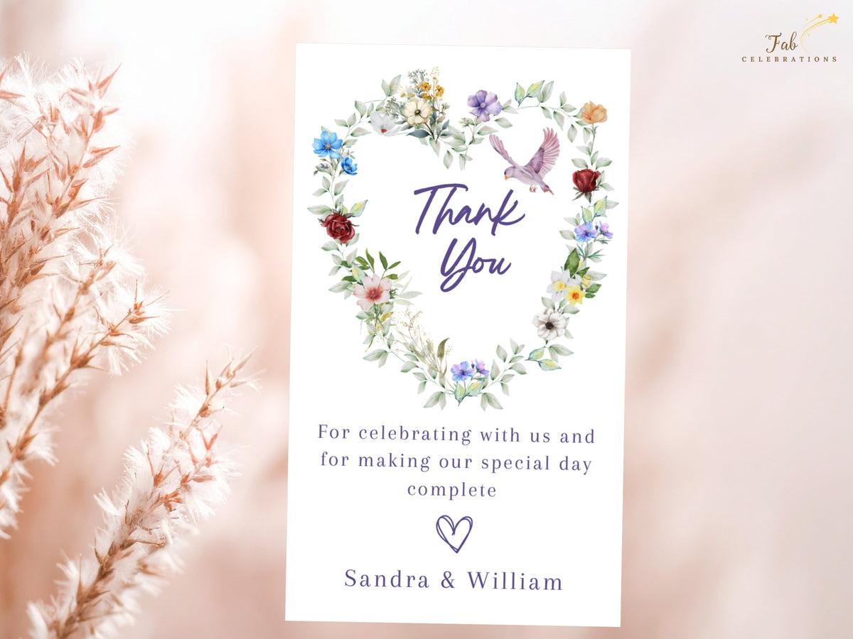Romantic Poetry Wedding Invitations floral thank you card featuring a watercolor-inspired heart of multicolored blossoms, soft greenery and a graceful dove above a warm wedding gratitude message.