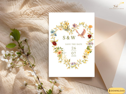 Romantic Save the Date Card featuring a watercolor-inspired floral heart wreath, graceful pink dove illustration and elegant botanical artwork designed as an editable Canva wedding template.