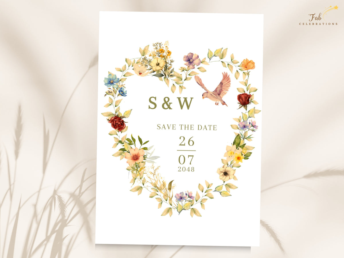Romantic Save the Date Card with a floral heart framing the couple’s initials and wedding date, accented by two doves and delicate watercolor-inspired flowers in warm, soft garden tones.