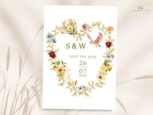 Romantic Save the Date Card with a floral heart framing the couple’s initials and wedding date, accented by two doves and delicate watercolor-inspired flowers in warm, soft garden tones.