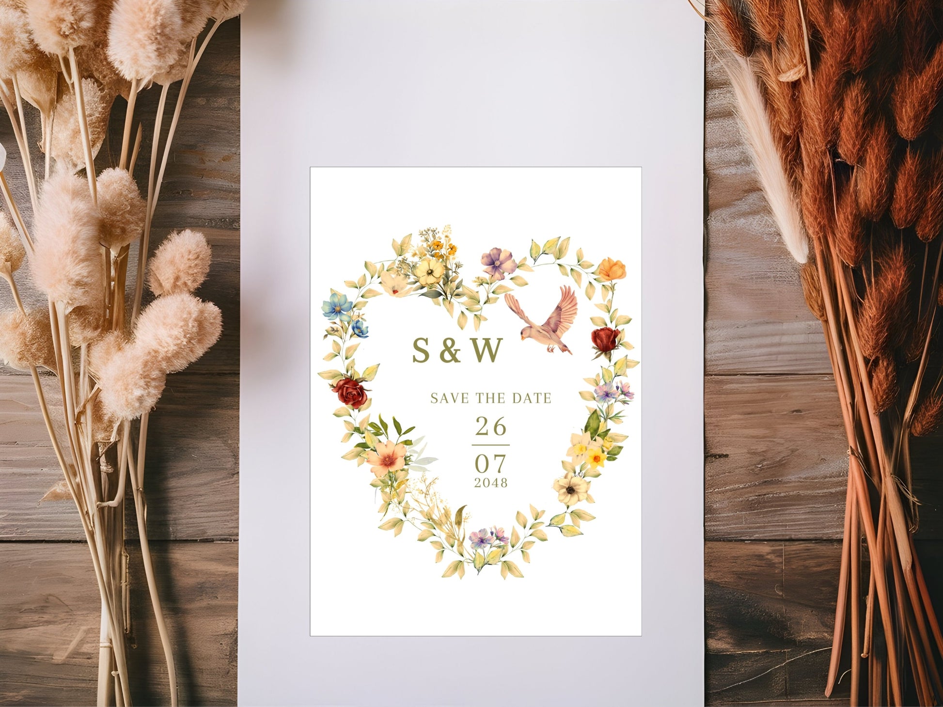 Editable Romantic Save the Date Card with delicate watercolor flowers, soft botanical colors and graceful pink dove symbolism creating timeless printable Canva wedding stationery.