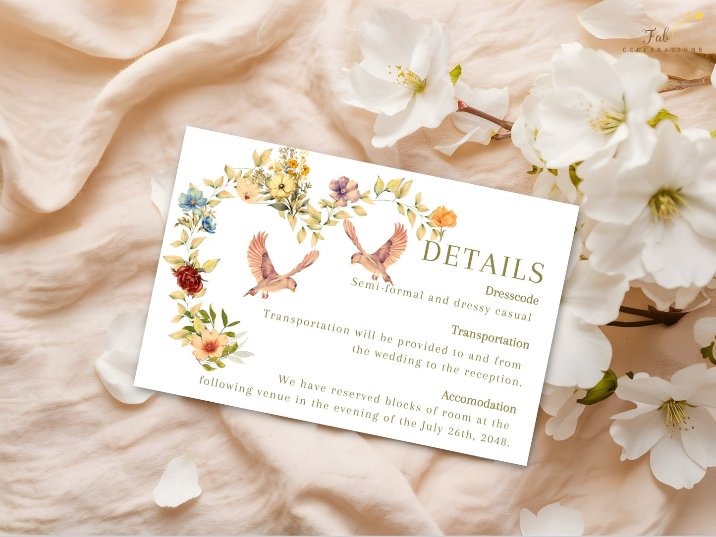 Floral heart information card featuring delicate watercolor-inspired flowers, graceful doves and refined botanical styling designed to coordinate with an elegant wedding suite.