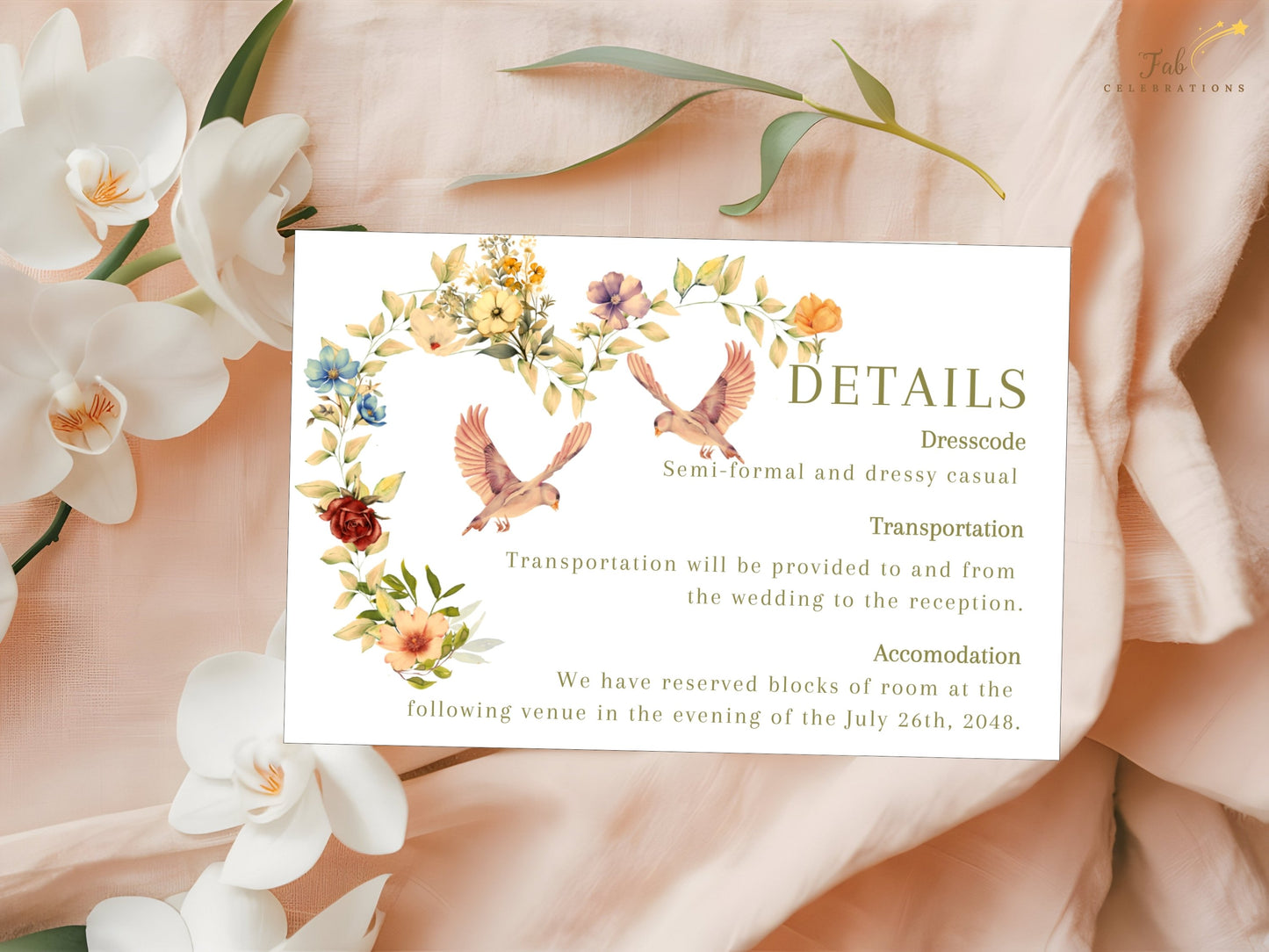 Romantic Wedding Information Card featuring a watercolor-inspired floral heart wreath, two graceful doves and elegant botanical artwork designed as an editable Canva wedding details card.