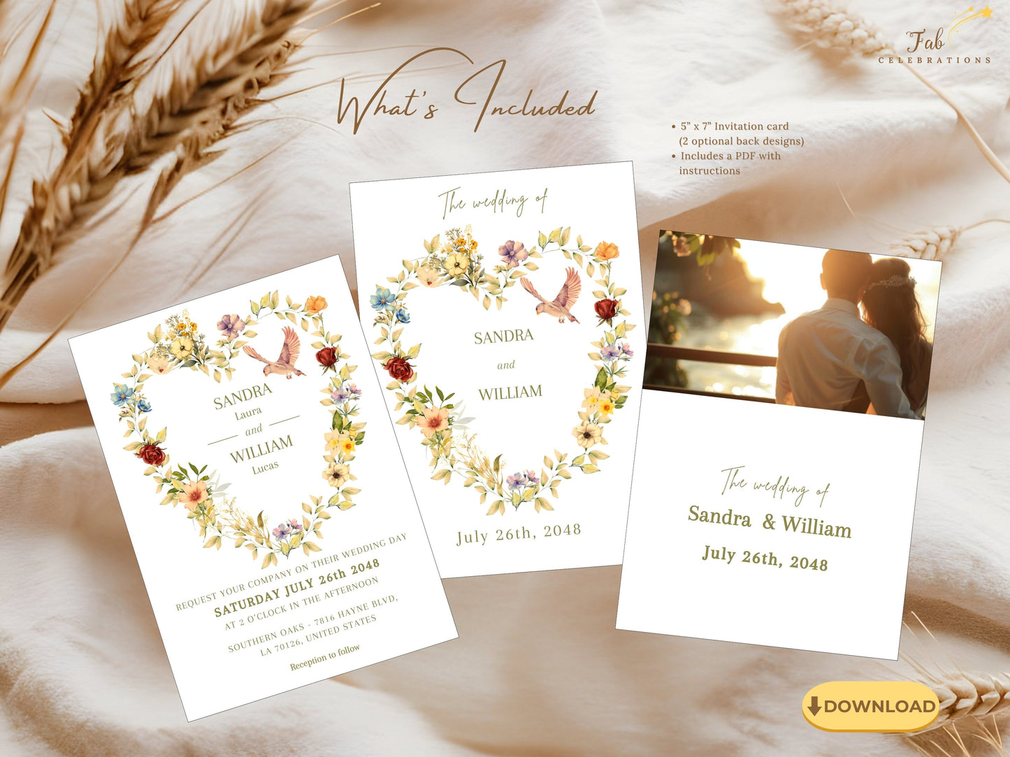 Parisian wedding invitation template decorated with romantic watercolor florals, elegant floral heart composition and symbolic dove illustration for graceful wedding ceremonies.