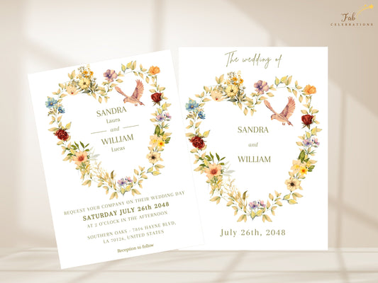 Romantic Wedding Invitation Template showing the floral heart invitation front and matching text back, with a dove, colorful blossoms and delicate watercolor-inspired greenery for your celebration.