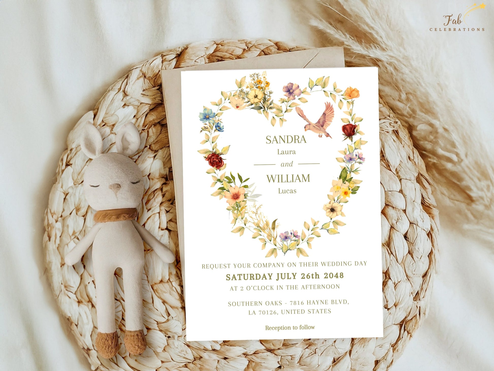 Editable romantic wedding invitation template with soft lavender, crimson, ivory and sky blue watercolor florals creating a timeless Parisian-inspired wedding invitation design.