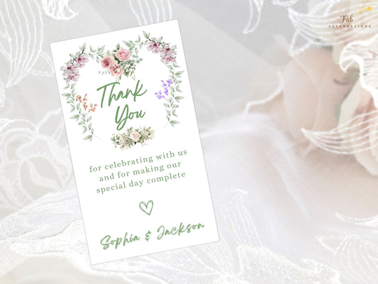 Romantic wedding invitations floral heart design with French-inspired watercolor roses, ivory blooms, and lavender sprigs for rustic countryside thank you stationery.