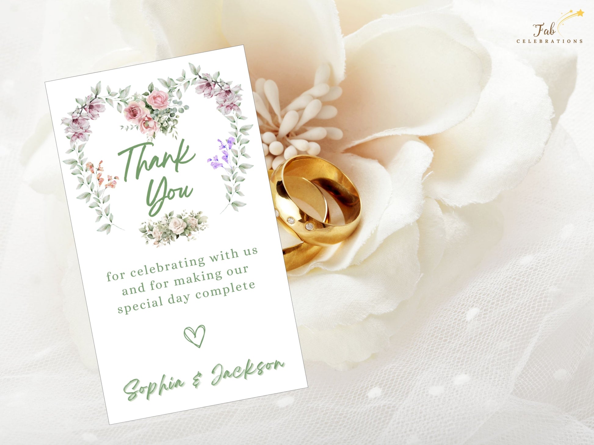 Romantic wedding invitations Canva editing mockup design showing floral heart thank you card template with editable typography and rustic watercolor charm.