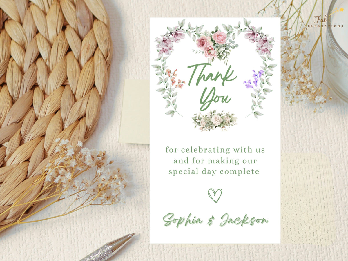 Editable wedding thank you card template with watercolor-inspired floral artwork, elegant typography and customizable text, ideal for creating personalized Canva wedding stationery after your special day.