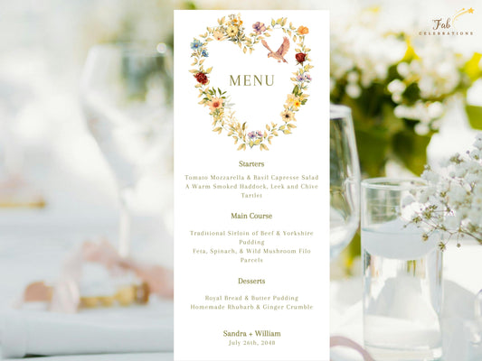 Romantic Wedding Menu Template featuring a delicate watercolor-inspired floral heart wreath, graceful doves, and refined menu lettering for an elegant, personalized wedding reception dinner.