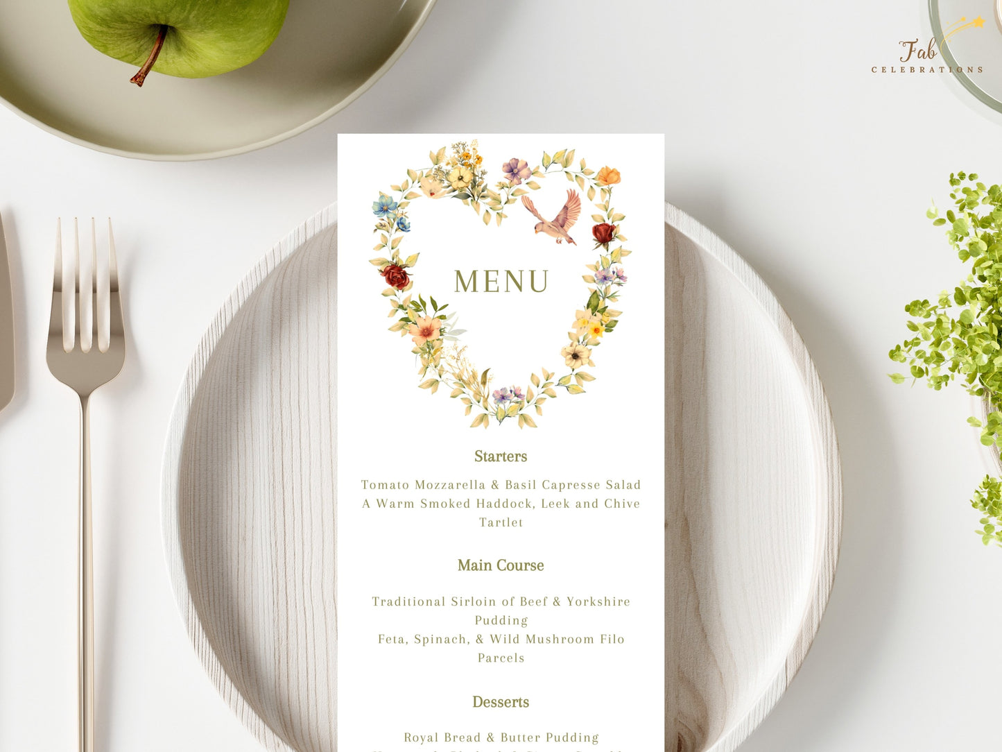 Floral heart wedding menu decorated with peach apricot flowers, purple blue blossoms, graceful dove illustration and botanical watercolor artwork for elegant wedding receptions.