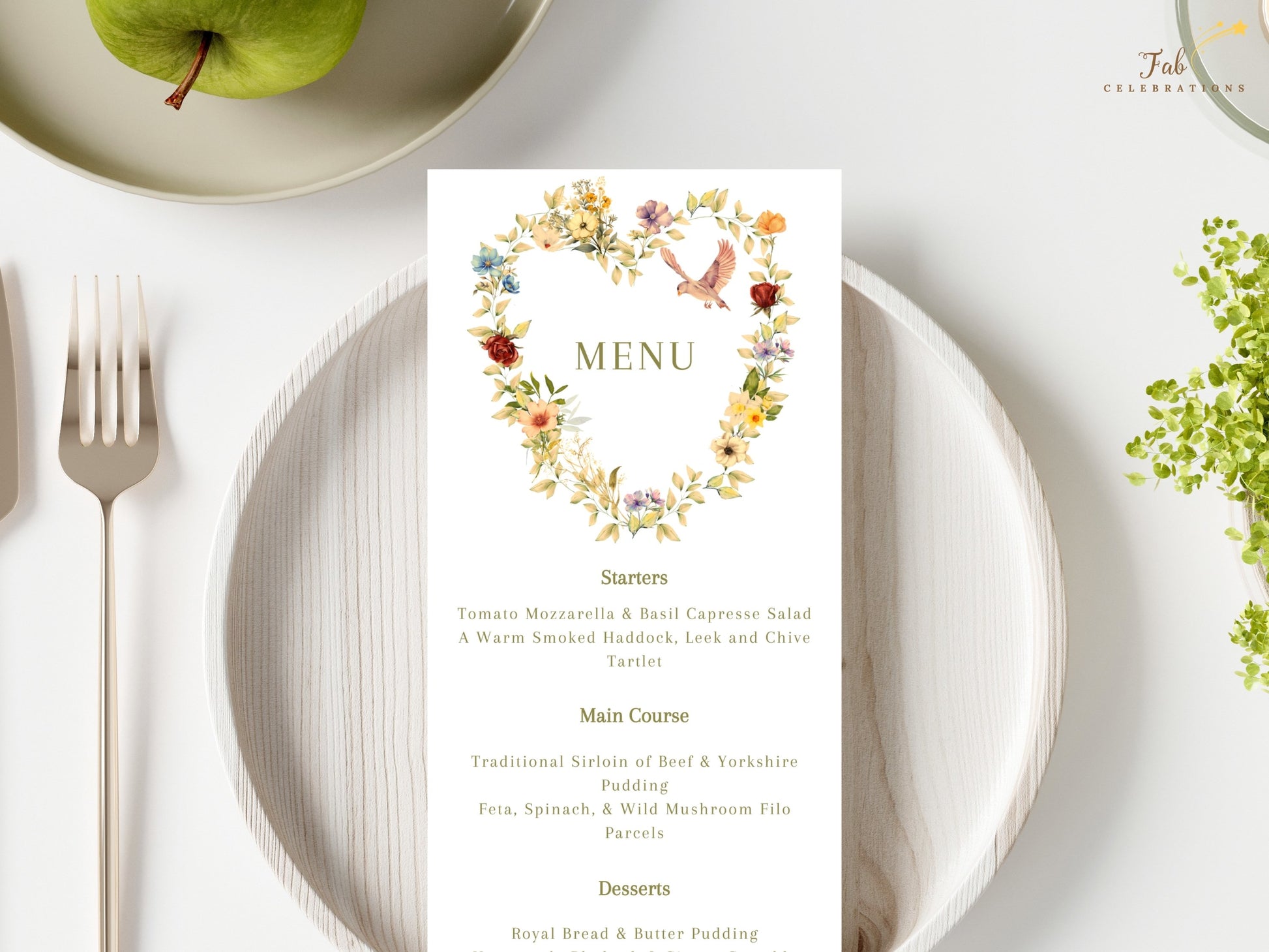 Floral heart wedding menu decorated with peach apricot flowers, purple blue blossoms, graceful dove illustration and botanical watercolor artwork for elegant wedding receptions.